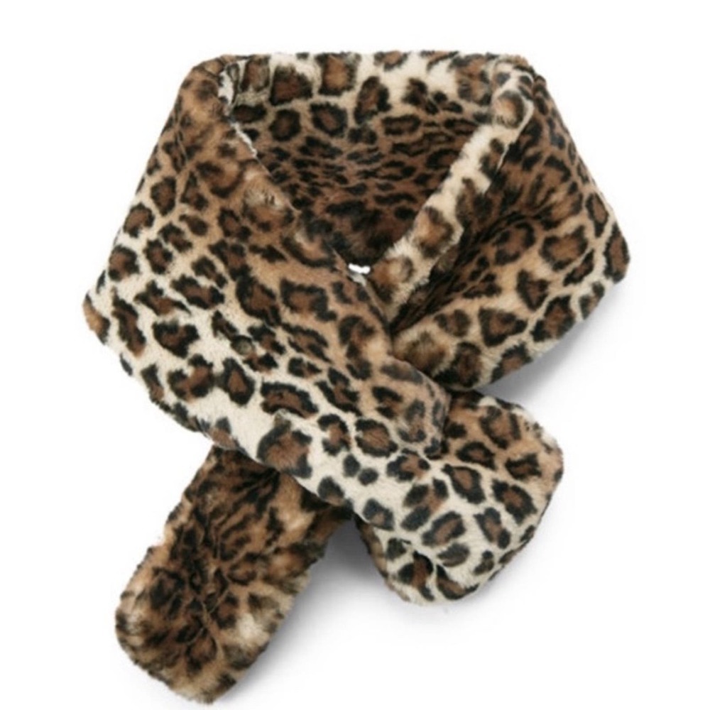 CAbi Faux Fur Leopard Print Scarf in Brown and Cream